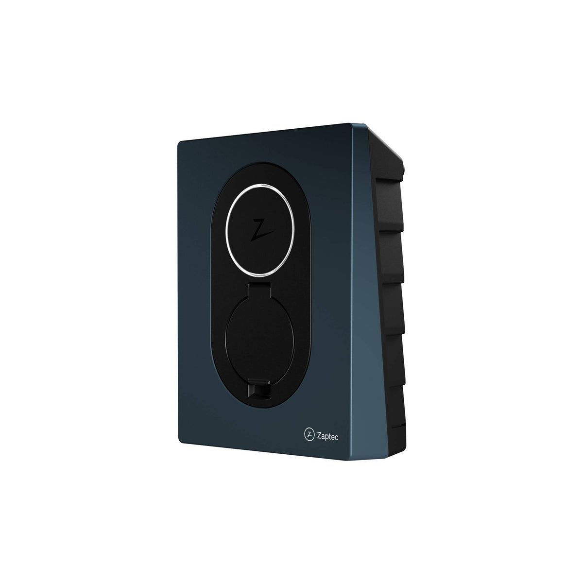 Zaptec Go laddbox i Midnight Blue sedd från vinkel