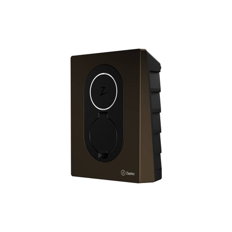 Zaptec Go laddbox i Wood Brown sedd från vinkel